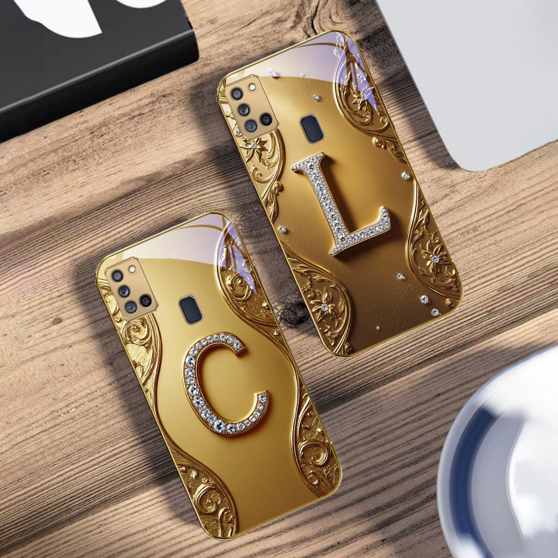Phone Cases A14 Samsung - ダイヤモンドがちりばめられた「K」付きゴールデンガラス製スマホケース（Samsung A31、A32、A33、A34、35、14、A15、13、16、25、26、50、52、53、54、55、56、70、71、72、73対応）