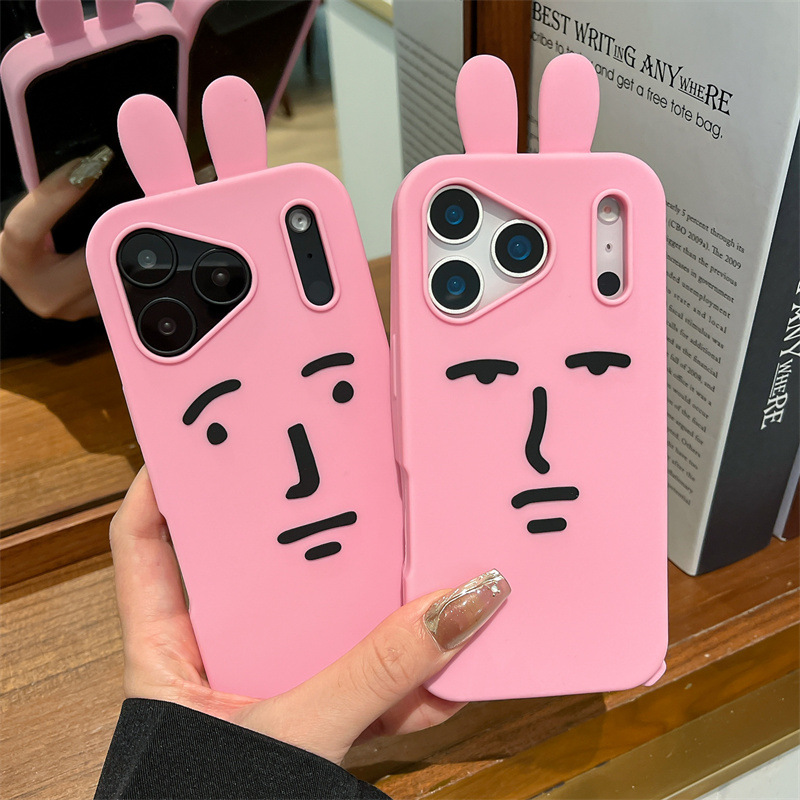 Phone Cases Kawaii - かわいい3D面白い漫画ピンクの絵文字ウサギのスマホケース iPhone 17 16e 15 14