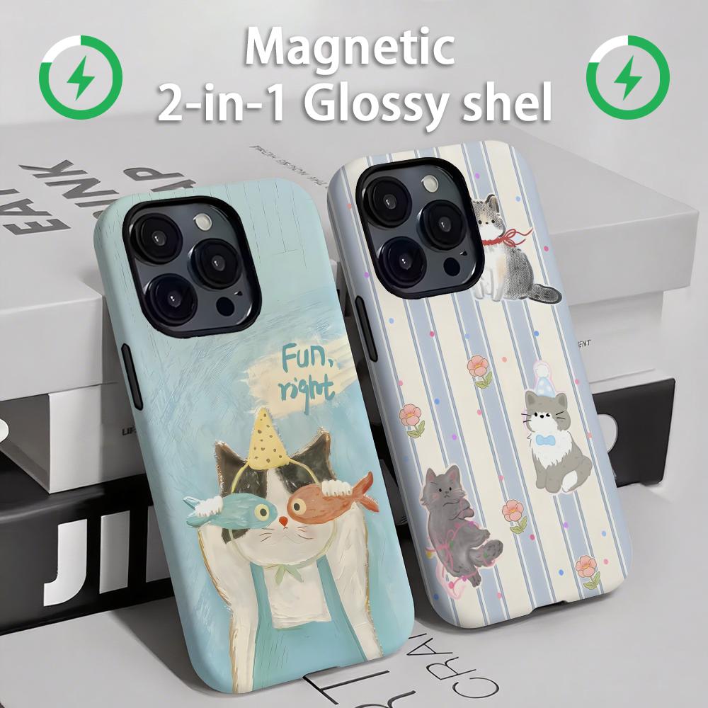 Phone Cases For Iphone 15 - かわいい猫と犬のスマホケース マグネット式 2-in-1 光沢シェル iPhone 16e