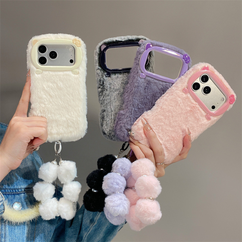 Phone Cases For Iphone 15 - 高級感のある無地のファー素材のプラッシュフォンケース iPhone 17 Air 16 15