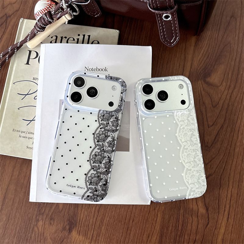Phone Cases Kawaii - 水玉模様のレースが施された白黒のかわいいスマホケース iPhone 18 17 Air 16