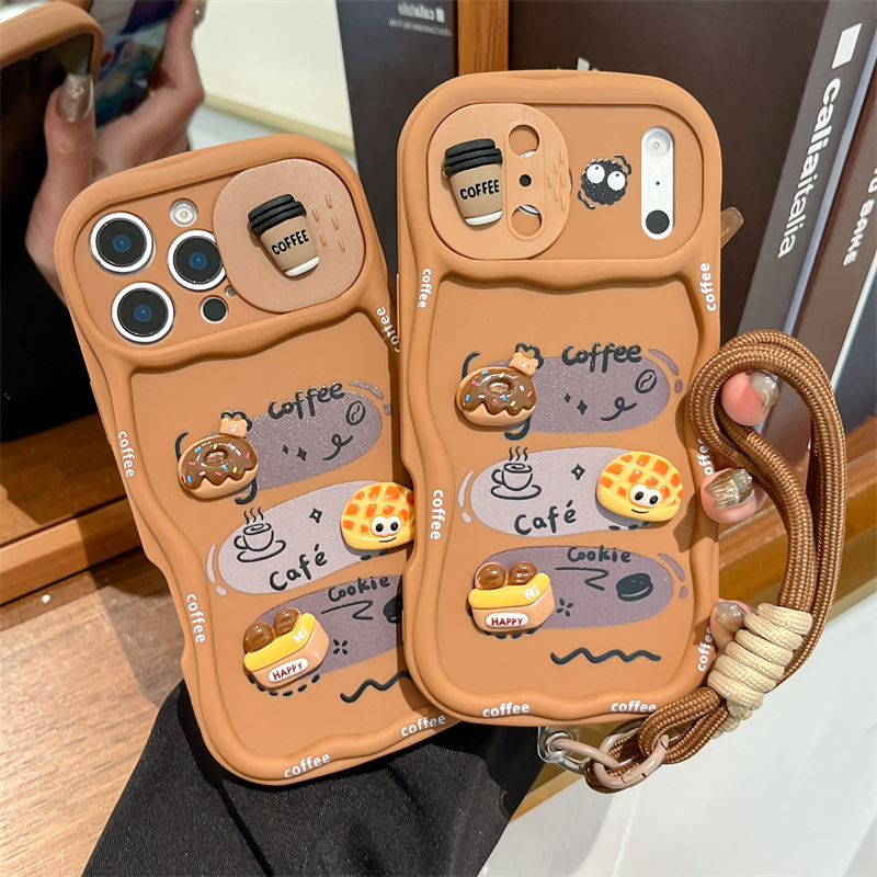 Phone Cases That Cover The Camera - 3D漫画パン型リストストラップ付きウェーブ型スマホケース iPhone 17 16 15 14