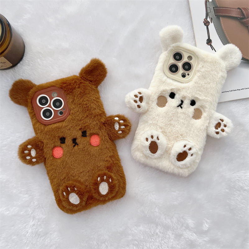韓国の3D漫画風クマのふわふわぬいぐるみカップル携帯ケース  - Phone Cases For Iphone 15 のレビューと価格