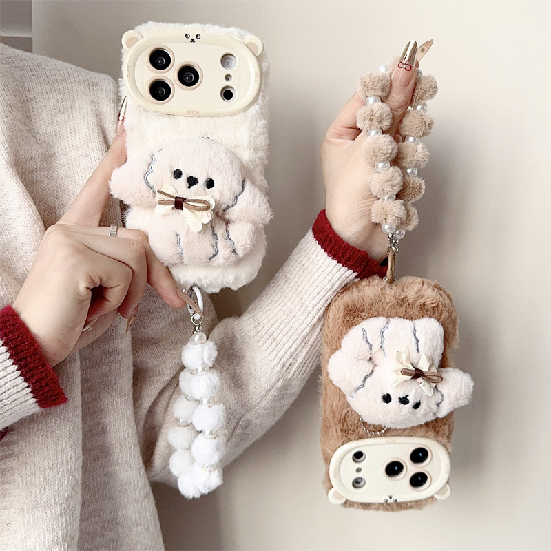 3D漫画風リボン付き子犬のふわふわぬいぐるみスマホケース i - Phone Cases For Iphone 15 のレビューと価格