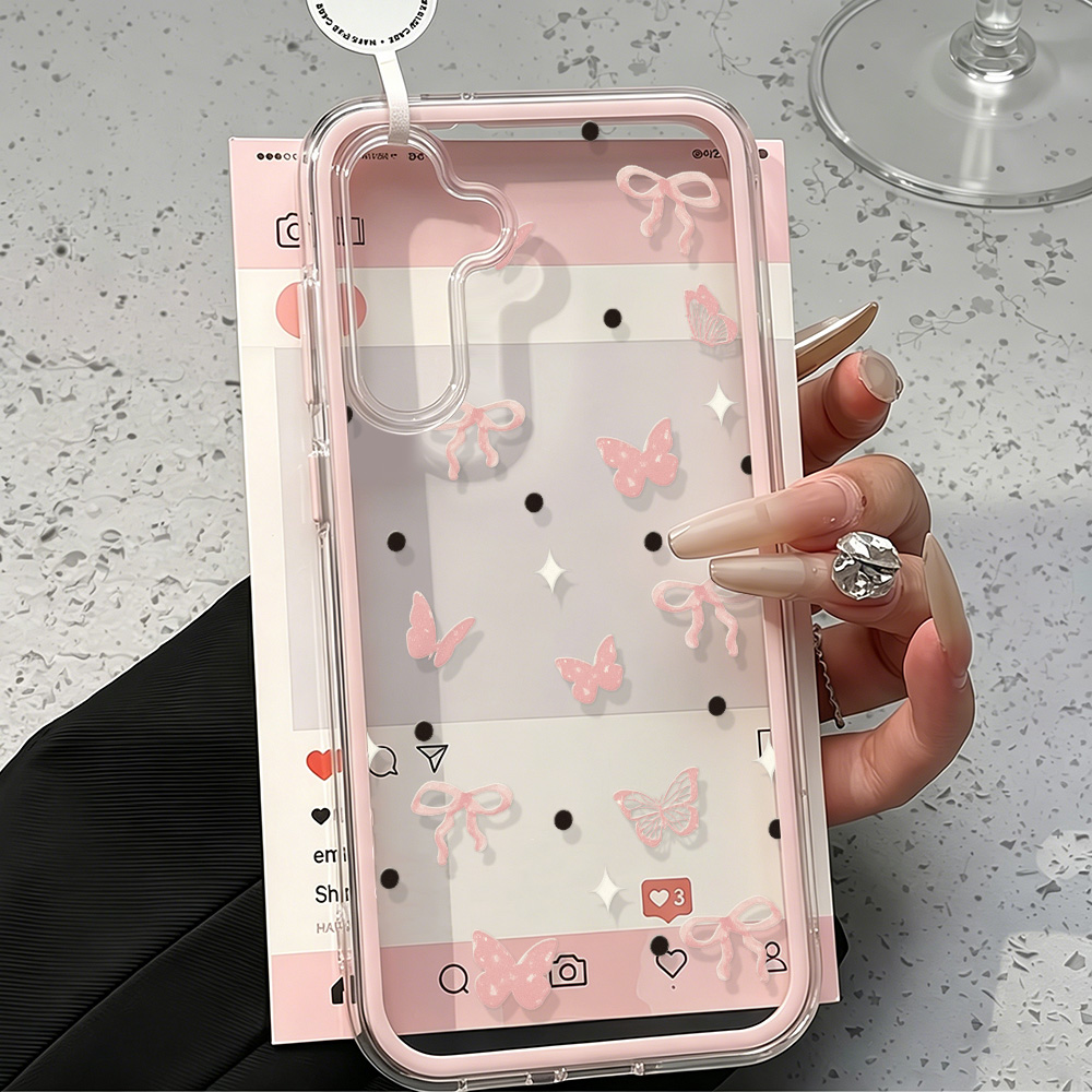 可愛いピンクのリボン付きソフトフォンケース Samsung  - Phone Cases That Cover The Camera のレビューと価格