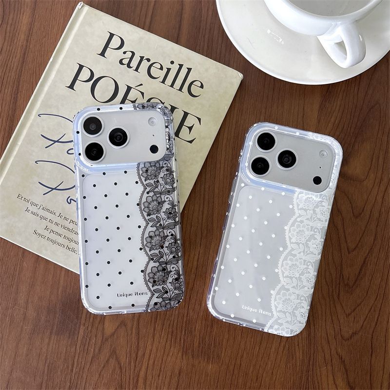 水玉模様のレースが施された白黒のかわいいスマホケース iPh - Phone Cases Kawaii のレビューと価格