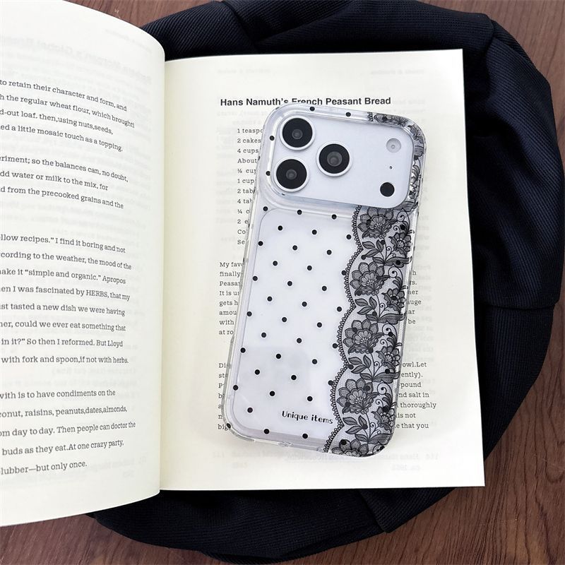 水玉模様のレースが施された白黒のかわいいスマホケース iPh - Phone Cases Kawaii のレビューと価格