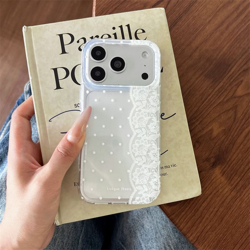 水玉模様のレースが施された白黒のかわいいスマホケース iPh - Phone Cases Kawaii のレビューと価格